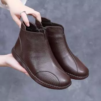 женские ботинки зима 2024 Женская обувь из натуральной кожи, сохраняющая тепло, женские теплые зимние ботинки для мам, повседневные, удобные, хлопковые ботинки 35 чёрный