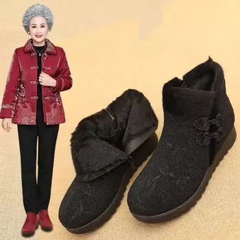 женские ботинки зима 2024 Женская теплая обувь для среднего и пожилого возраста Удобные уличные ботильоны Повседневная хлопковая обувь 35 чёрный