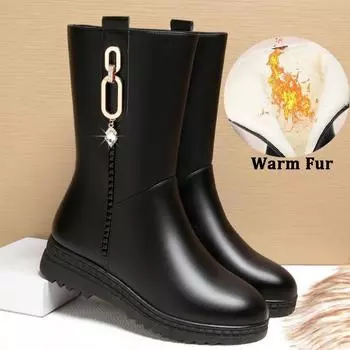 Женские ботинки. Зимние ботильоны из искусственной кожи. Теплые меховые сапоги. Женские ботинки. Обувь. Сапоги на плоской подошве. Черные ботинки. 41 чёрный