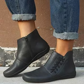 Женские ботинки зимние ботинки женская обувь из искусственной кожи до щиколотки зимняя плоская ретро мода повседневная обувь без застежек с круглым носком 2024 563 7 чёрный