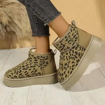 Женские ботинки зимние удобные теплые зимние ботинки женские уличные нескользящие ботинки с леопардовым принтом износостойкие модные плюшевые ботильоны 36 хаки