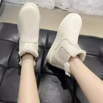 Женские ботинки Зимняя обувь Круглый носок Плоские каблуки Женские модные зимние ботинки Нескользящие женские ботиночки на низком каблуке Ботинки без застежек 36 бежевый