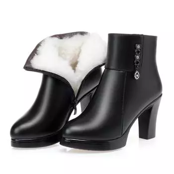 Женские ботинки, зимняя теплая модная обувь из натуральной шерсти, женские ботильоны на высоком каблуке с боковой молнией 35