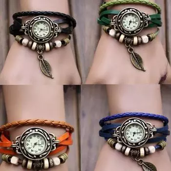 Женские браслеты с плетением из кварцевой кожи и бусинами наручные часы оранжевый