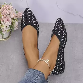 Женские брендовые балетки на плоской подошве 2024 года, новые вязаные лоферы, женские остроносые леопардовые туфли, модные летающие туфли на плоской подошве, повседневная обувь для женщин 36 чёрный