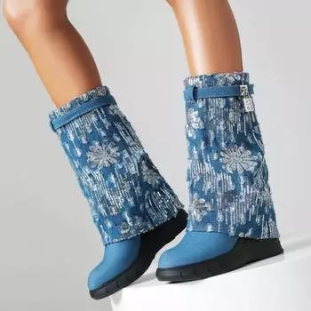 Женские брендовые дизайнерские туфли на высоком каблуке 2024 года, новые женские сапоги до середины голени с круглым носком, сексуальные женские сапоги до колена Pogen Botas De Mujer 35 синий