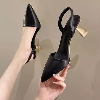 Женские брендовые туфли-лодочки на тонком каблуке с открытой пяткой, женские босоножки на высоком каблуке без шнуровки, женская вечерняя обувь с острым носком 35 чёрный