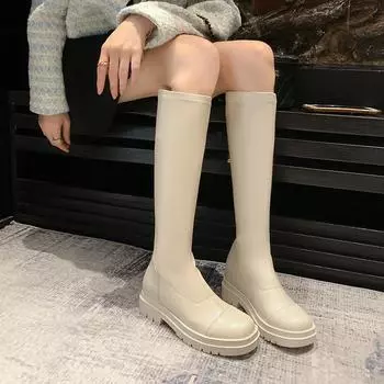 Женские британские высокие сапоги 2024 года, осень/зима, натуральная кожа, эластичная внутренняя часть, увеличивающая длину, модные рыцарские сапоги на толстой подошве 34