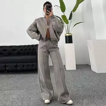 Женские брючные костюмы из 2 предметов, винтажные куртки-бомберы с круглым вырезом на молнии, свободные брюки с высокой талией и широкими брюками, комплекты из двух предметов XL чёрный