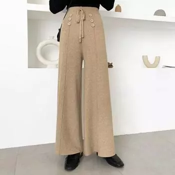 Женские брюки 2023, вязаные широкие брюки с микро рваными штанами для женщин со свободным ремешком, кашемировые повседневные брюки в пол One Size чёрный