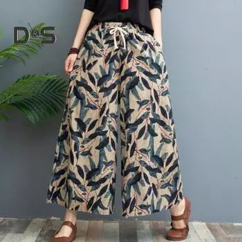 Женские брюки, эластичная талия, регулируемый шнурок, широкие длинные брюки с карманами, брюки с принтом, уличная одежда 3XL синий