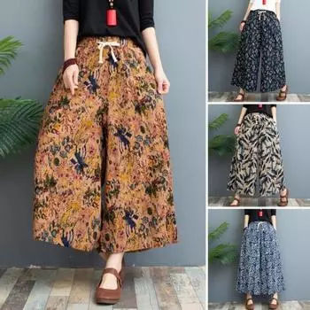 Женские брюки, эластичная талия, регулируемый шнурок, широкие длинные брюки с карманами, брюки с принтом, уличная одежда 3XL синий