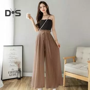 Женские брюки, эластичные брюки с высокой талией, регулируемый шнурок, плиссированные стильные широкие брюки, однотонные повседневные брюки чёрный