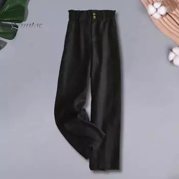 Женские брюки, эластичные длинные брюки с высокой талией и пуговицами на молнии с карманами, однотонные свободные повседневные повседневные брюки M чёрный