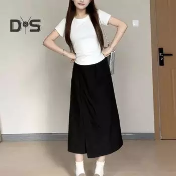 Женские брюки, эластичные повседневные брюки с высокой талией, однотонные повседневные брюки, свободный крой, летние повседневные широкие брюки, юбка M чёрный