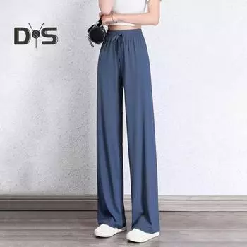 Женские брюки, эластичные повседневные брюки с высокой талией и регулируемым шнурком, однотонные свободные брюки с широкими штанинами, летние тонкие длинные брюки L серый
