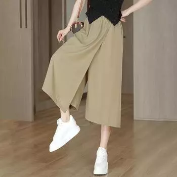 Женские брюки, эластичные повседневные брюки с высокой талией, однотонные повседневные брюки, свободный крой, летние повседневные широкие брюки, юбка XL серый