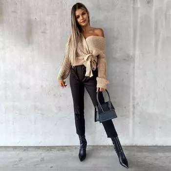 Женские брюки, эластичные, с высокой талией, на шнуровке, из искусственной кожи, прямые, однотонные, повседневные, длинные брюки XL чёрный