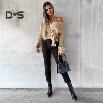 Женские брюки, эластичные, с высокой талией, на шнуровке, из искусственной кожи, прямые, однотонные, повседневные, длинные брюки XL чёрный