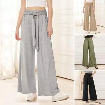 Женские брюки, эластичные, с высокой талией, на шнуровке, повседневные, длинные брюки с карманами, однотонные M чёрный