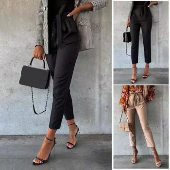 Женские брюки, эластичные, с высокой талией, на шнуровке, из искусственной кожи, прямые, однотонные, повседневные, длинные брюки XL чёрный