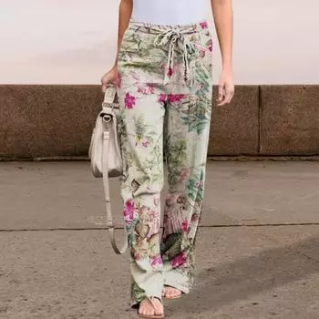 Женские брюки, эластичные, с высокой талией, на шнуровке, свободные, длинные брюки в стиле ретро с цветочным принтом, прямые, широкие брюки XXXXL красный