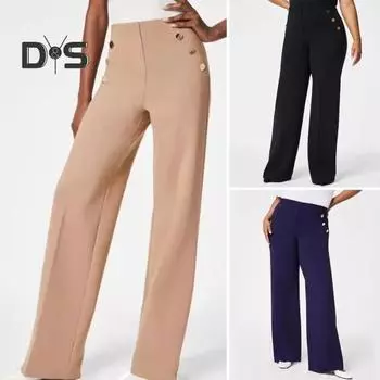 Женские брюки, эластичные, с высокой талией, прямые, широкие брюки с карманами, пуговицами, декором, однотонные, облегающие, утягивающие живот рабочие брюки S хаки