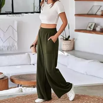 Женские брюки, эластичные, с высокой талией, прямые, широкие, длинные брюки, однотонные, свободного кроя, длинные брюки с карманами, повседневная одежда L серый