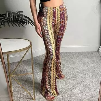 Женские брюки, богемные, красочные, с цветочным принтом, расклешенные подол, эластичные, облегающие, с высокой талией, мягкие дышащие, женские длинные брюки полной длины XL коричневый