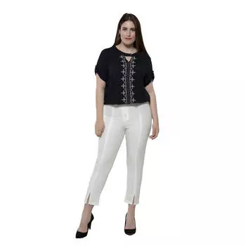 Женские брюки больших размеров Fierte Rg1382 Ткань с высокой талией, узкая прорезь, молния, пуговица, черный, темно-синий, хаки, саксофон, синий, белый, кремовая пудра