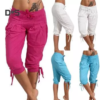 Женские брюки больших размеров, летние свободные повседневные брюки с эластичной резинкой на талии, брюки для отдыха, брюки M белый