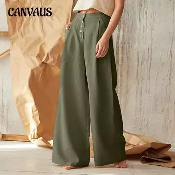 Женские брюки больших размеров, однотонные повседневные хлопковые льняные брюки с высокой талией на пуговицах, широкие брюки