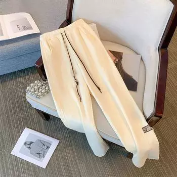 Женские брюки больших размеров, осенние и зимние модные повседневные широкие брюки, прямые брюки с высокой талией и завязками 2XL чёрный