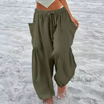Женские брюки больших размеров с широкими штанинами и средней талией, летние мешковатые брюки с карманами L