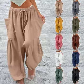 Женские брюки больших размеров с широкими штанинами и средней талией, летние мешковатые брюки с карманами L армия зеленый