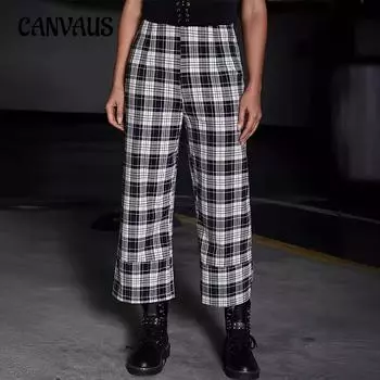 Женские брюки больших размеров с высокой талией, широкие брюки в клетку, свободные повседневные брюки в черно-белую клетку S черный белый