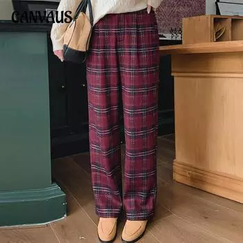 Женские брюки больших размеров в винтажную клетку, повседневные брюки, свободные широкие брюки на осень и зиму XL темно-синий
