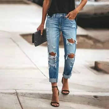 Женские брюки большого размера, эластичные джинсы, свободные полуэластичные брюки L синий