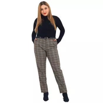 Женские брюки большого размера Fierte Nvr1371-10 Ткань Нормальная талия Прямые брюки Длина до щиколотки Ремень с подробным квадратным рисунком и карманом на молнии
