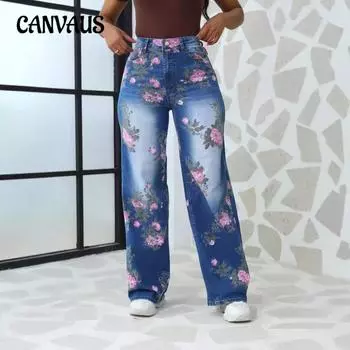 Женские брюки большого размера с принтом, широкие брюки Tide Jeans S синий