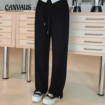 Женские брюки большого размера с широкими штанинами и завязками, осенние прямые повседневные брюки с драпировкой XL чёрный