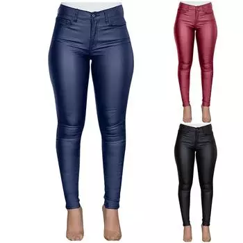 Женские брюки большого размера с высокой талией на пуговицах, однотонные повседневные сексуальные кожаные брюки XXXL чёрный