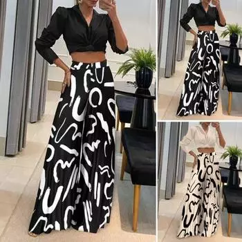 Женские брюки большого размера, широкие эластичные повседневные брюки с высокой талией, свободные длинные брюки с ретро-принтом, уличная одежда L чёрный