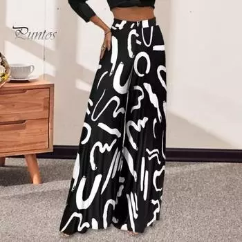 Женские брюки большого размера, широкие эластичные повседневные брюки с высокой талией, свободные длинные брюки с ретро-принтом, уличная одежда L чёрный