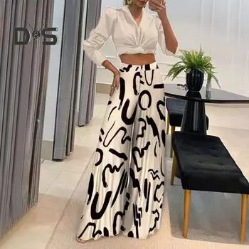 Женские брюки большого размера, широкие эластичные повседневные брюки с высокой талией, свободные длинные брюки с ретро-принтом, уличная одежда L абрикосовый