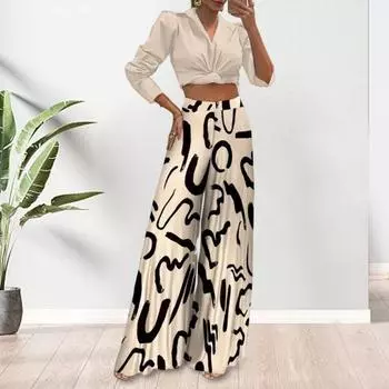 Женские брюки большого размера, широкие эластичные повседневные брюки с высокой талией, свободные длинные брюки с ретро-принтом, уличная одежда L абрикосовый