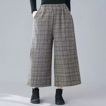 Женские брюки большого размера, широкие, с эластичной талией, клетчатые брюки-кюлоты, тонкие, литературные и повседневные, с девятью точками, широкие брюки, модные, уменьшающие возраст L 50kg темно-коричневого
