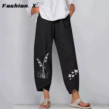 Женские брюки большого размера, женские модные повседневные хлопковые льняные брюки, широкие свободные брюки S серый