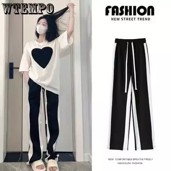 Женские брюки Черно-белые повседневные брюки со строчкой Спортивные свободные прямые брюки с драпировкой и широкими штанинами S чёрный