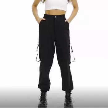 Женские брюки, черные, хаки, брюки-карго с высокой талией, карманы, лоскутные свободные уличные брюки-карандаш S чёрный